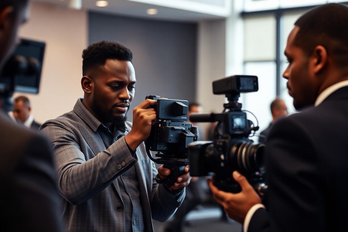 Équipe de production vidéo lors d'une couverture d'événement professionnel